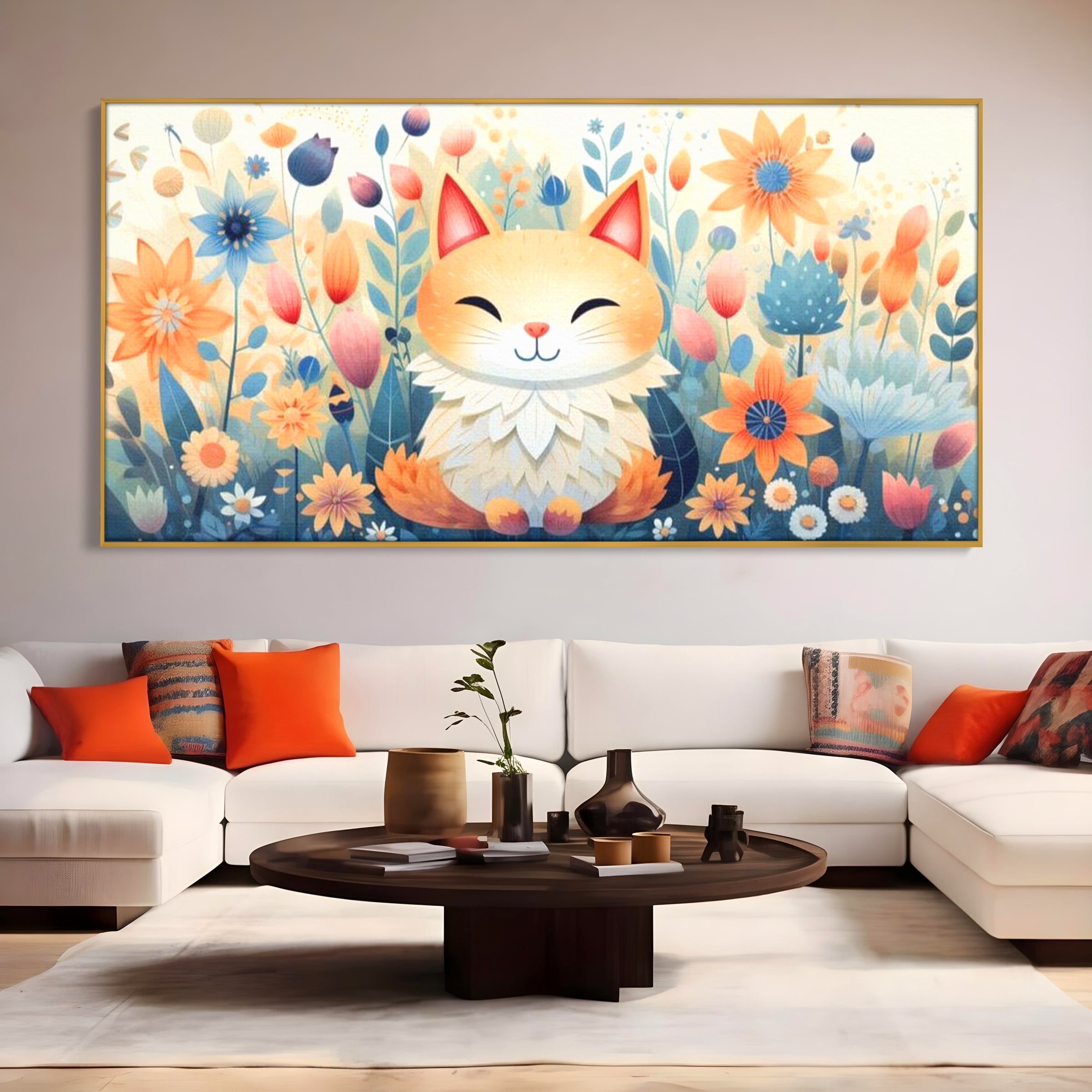 Tablou canvas cu tablou canvas cu pisicuta in gradina cu flori, in rama de aluminiu auriu, pe perete intr-un living